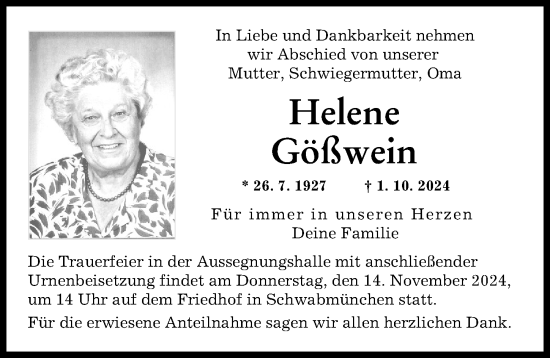 Traueranzeige von Helene Gößwein von Schwabmünchner Allgemeine