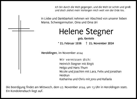 Traueranzeige von Helene Stegner von Rieser Nachrichten