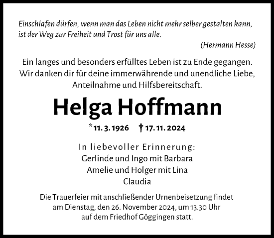 Traueranzeige von Helga Hoffmann von Augsburger Allgemeine