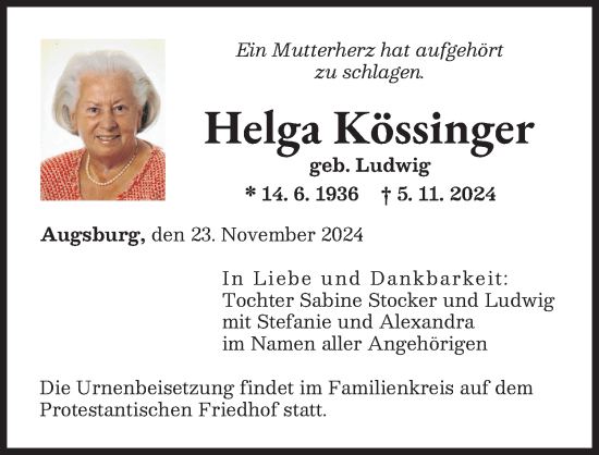Traueranzeige von Helga Kössinger von Augsburger Allgemeine