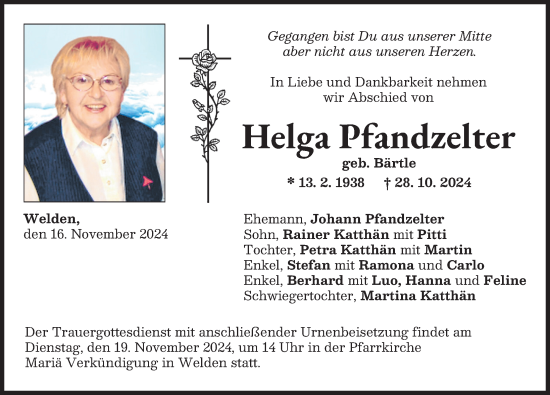 Traueranzeige von Helga Pfandzelter von Augsburger Allgemeine