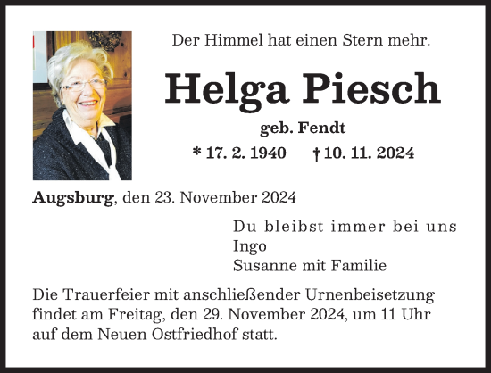 Traueranzeige von Helga Piesch von Augsburger Allgemeine