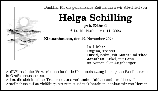 Traueranzeige von Helga Schilling von Günzburger Zeitung