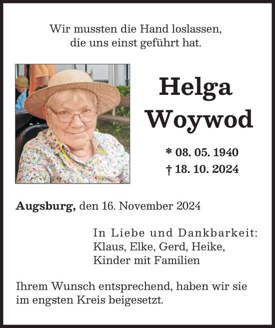 Traueranzeige von Helga Woywod von Augsburger Allgemeine