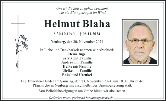 Traueranzeige von Helmut Blaha von Mittelschwäbische Nachrichten