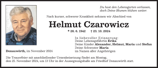 Traueranzeige von Helmut Czarowicz von Donauwörther Zeitung