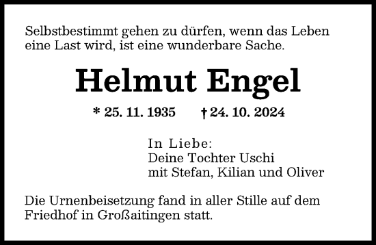 Traueranzeige von Helmut Engel von Augsburger Allgemeine