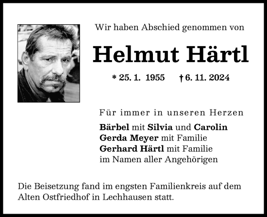 Traueranzeige von Helmut Härtl von Augsburger Allgemeine