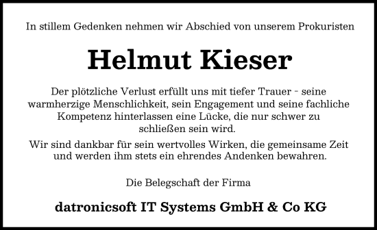 Traueranzeige von Helmut Kieser von Augsburger Allgemeine