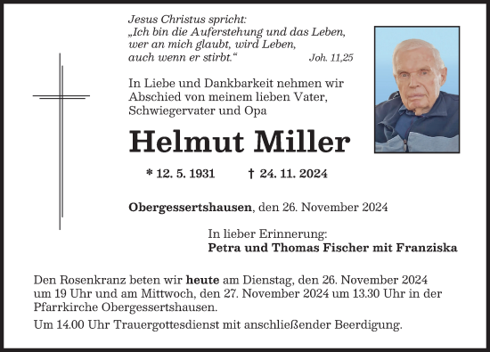 Traueranzeige von Helmut Miller von Mittelschwäbische Nachrichten