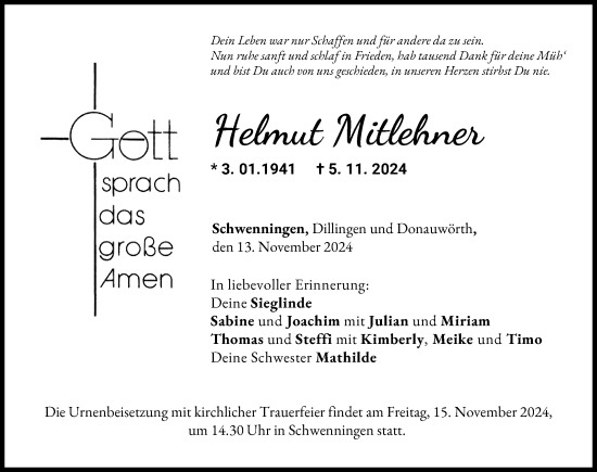 Traueranzeige von Helmut Mitlehner von Donauwörther Zeitung, Donau Zeitung