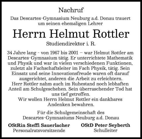 Traueranzeige von Helmut Rottler von Neuburger Rundschau