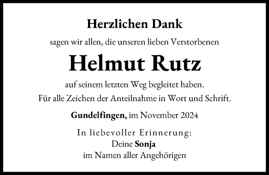 Traueranzeige von Helmut Rutz von Donau Zeitung