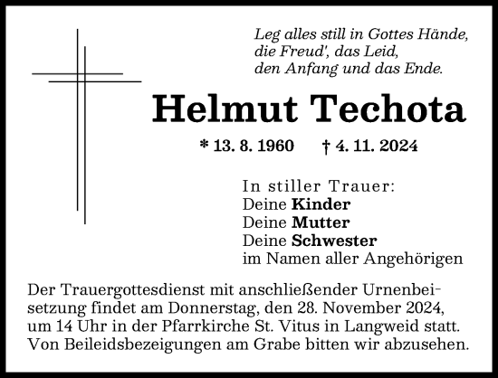 Traueranzeige von Helmut Techota von Augsburg-Land