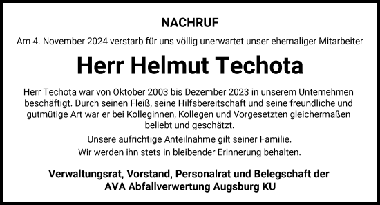 Traueranzeige von Helmut Techota von Augsburger Allgemeine