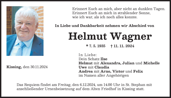 Traueranzeige von Helmut Wagner von Friedberger Allgemeine