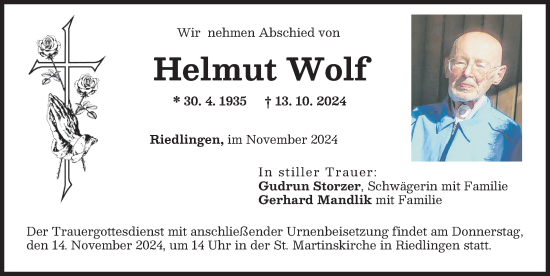 Traueranzeige von Helmut Wolf von Donauwörther Zeitung