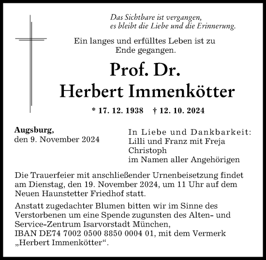 Traueranzeige von Herbert Immenkötter von Augsburger Allgemeine