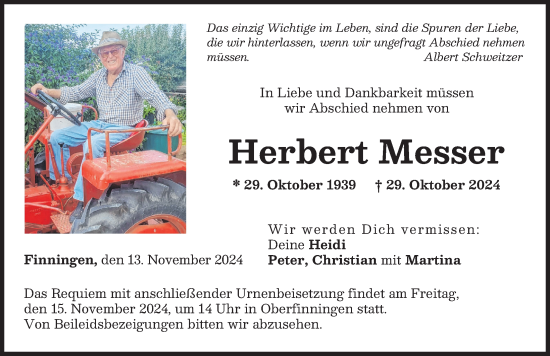 Traueranzeige von Herbert Messer von Donau Zeitung