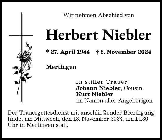 Traueranzeige von Herbert Niebler von Donauwörther Zeitung