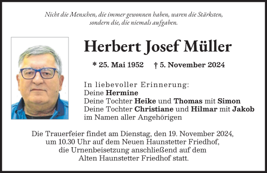 Traueranzeige von Herbert Josef Müller von Schwabmünchner Allgemeine