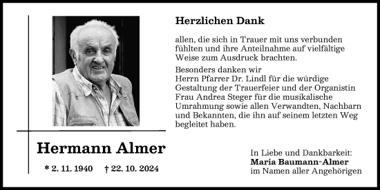 Traueranzeige von Hermann Almer von Augsburg-Land