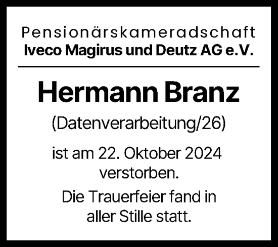 Traueranzeige von Hermann Branz von Illertisser Zeitung, Günzburger Zeitung, Neu-Ulmer Zeitung