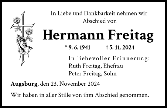 Traueranzeige von Hermann Freitag von Augsburger Allgemeine