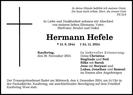 Traueranzeige von Hermann Hefele von Landsberger Tagblatt