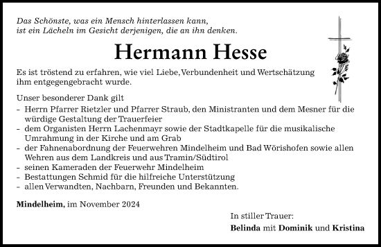 Traueranzeige von Hermann Hesse von Mindelheimer Zeitung