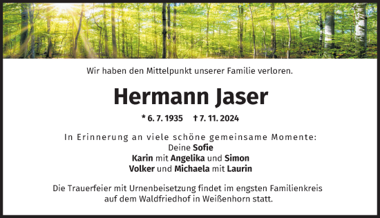 Traueranzeige von Hermann Jaser von Illertisser Zeitung