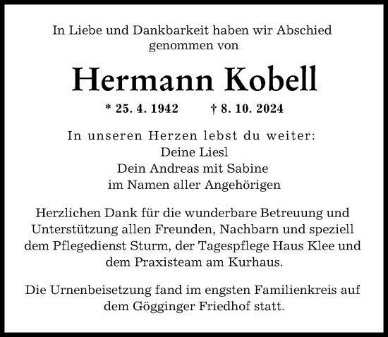 Traueranzeige von Hermann Kobell von Augsburger Allgemeine
