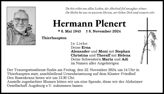 Traueranzeige von Hermann Plenert von Augsburg-Land