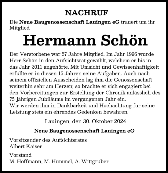 Traueranzeige von Hermann Schön von Donau Zeitung