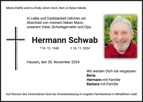 Traueranzeige von Hermann Schwab von Mindelheimer Zeitung
