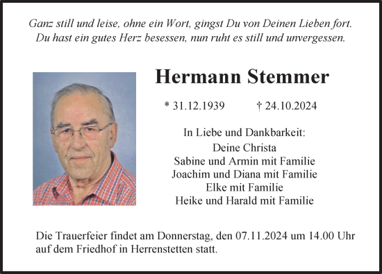 Traueranzeige von Hermann Stemmer von Illertisser Zeitung