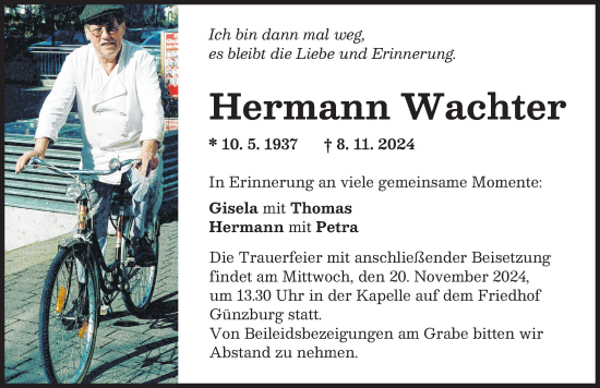 Traueranzeige von Hermann Wachter von Günzburger Zeitung