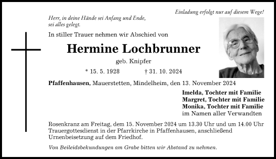 Traueranzeige von Hermine Lochbrunner von Mindelheimer Zeitung