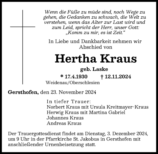 Traueranzeige von Hertha Kraus von Augsburger Allgemeine