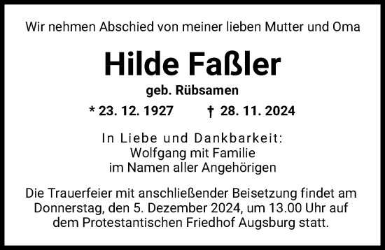 Traueranzeige von Hilde Faßler von Augsburger Allgemeine