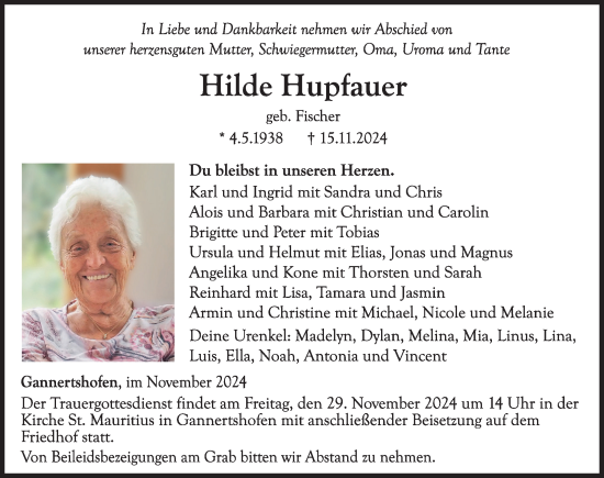 Traueranzeige von Hilde Hupfauer von Neu-Ulmer Zeitung, Illertisser Zeitung