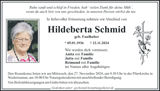 Traueranzeige von Hildeberta Schmid von Mittelschwäbische Nachrichten