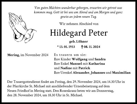 Traueranzeige von Hildegard Peter von Friedberger Allgemeine