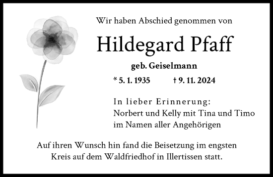 Traueranzeige von Hildegard Pfaff von Illertisser Zeitung