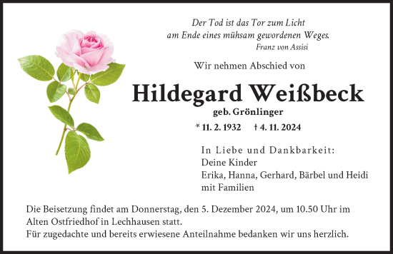 Traueranzeige von Hildegard Weißbeck von Augsburger Allgemeine