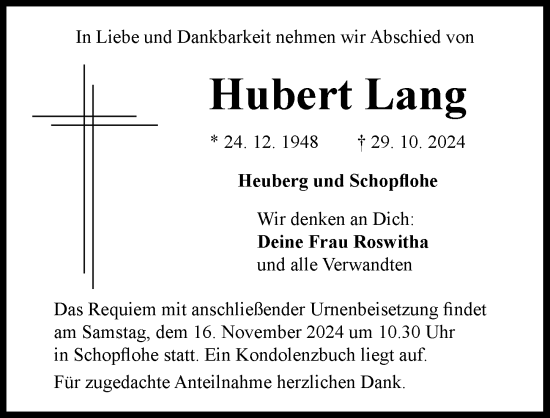 Traueranzeige von Hubert Lang von Rieser Nachrichten