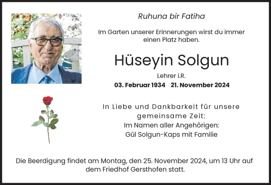 Traueranzeige von Hüseyin Solgun von Augsburger Allgemeine