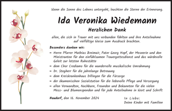 Traueranzeige von Ida Veronika Wiedemann von Donau Zeitung