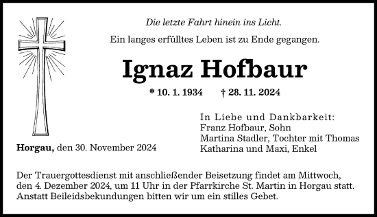 Traueranzeige von Ignaz Hofbaur von Augsburger Allgemeine