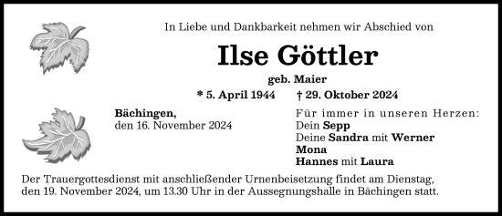Traueranzeige von Ilse Göttler von Donau Zeitung